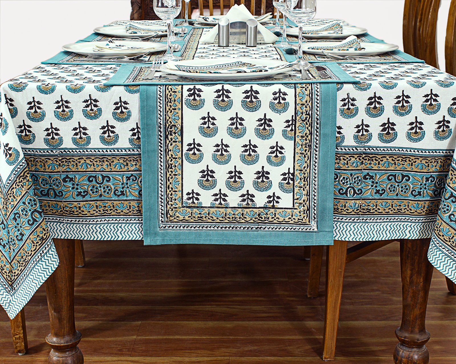 Hand Block Printed Cotton Rectangular Table Cloth – Ethnic Floral Design HG-5002 - Image 2