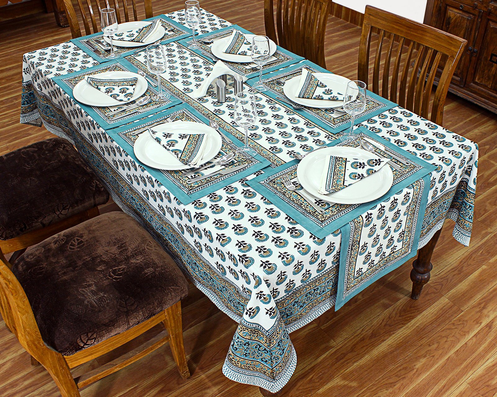 Hand Block Printed Cotton Rectangular Table Cloth – Ethnic Floral Design HG-5002 - Image 4