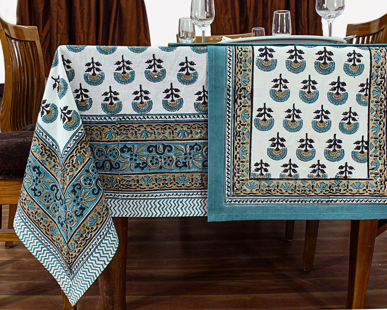 Hand Block Printed Cotton Rectangular Table Cloth – Ethnic Floral Design HG-5002 - Image 6