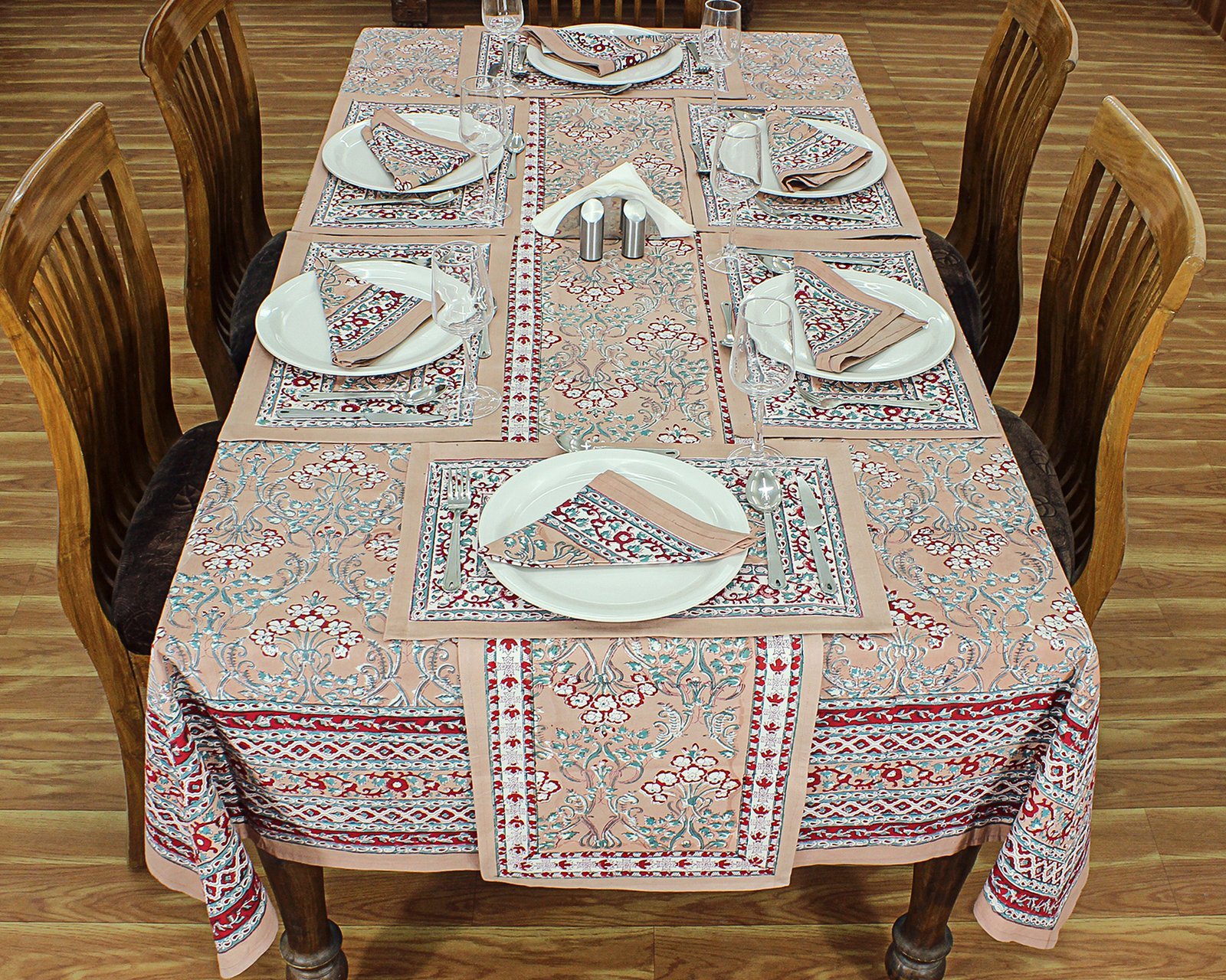 Hand Block Printed Cotton Rectangular Table Cloth – Ethnic Floral Design HG-5009 - Image 3