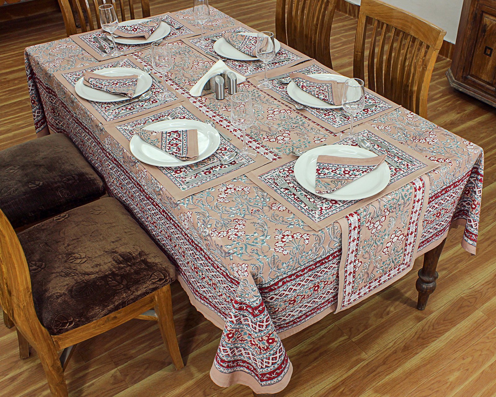 Hand Block Printed Cotton Rectangular Table Cloth – Ethnic Floral Design HG-5009 - Image 4