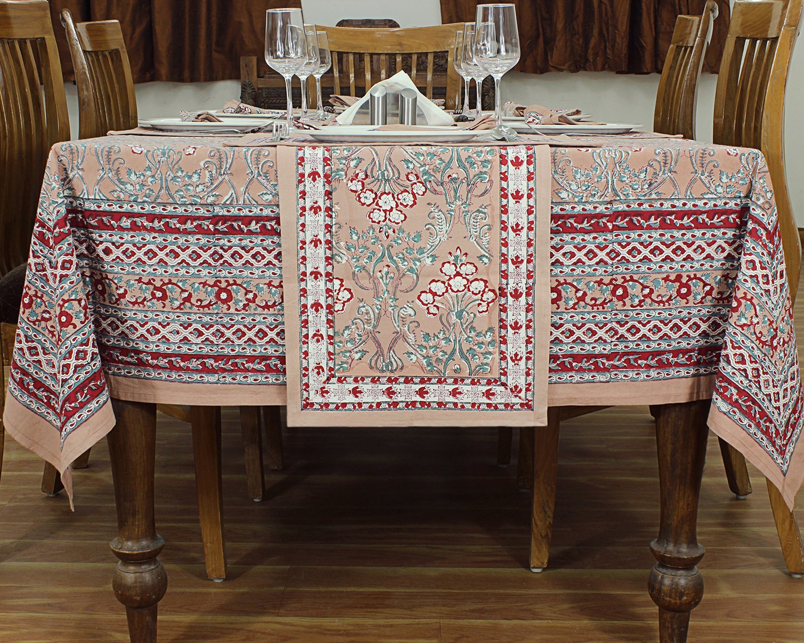 Hand Block Printed Cotton Rectangular Table Cloth – Ethnic Floral Design HG-5009 - Image 6