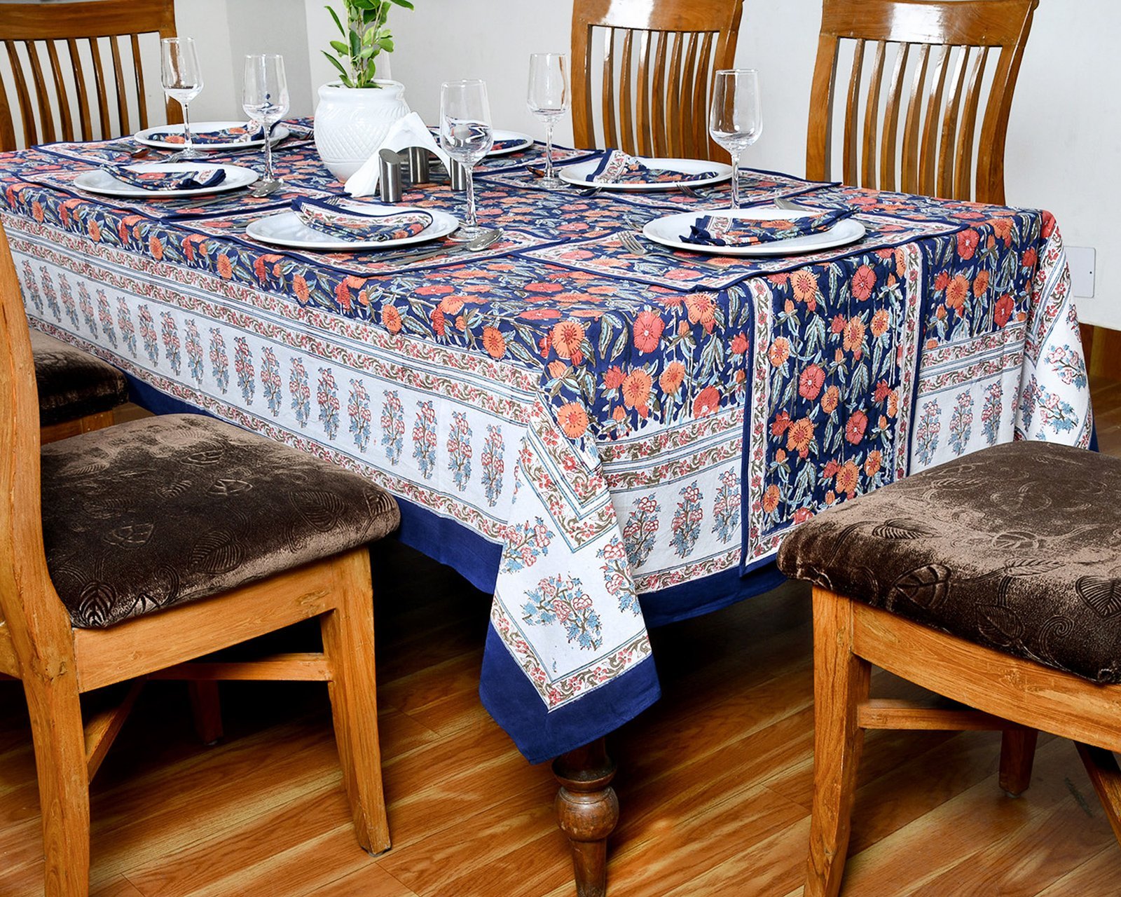 Elegant Floral Block Print Tablecloth – Indian Cotton, Handmade HG-5010 - Image 2