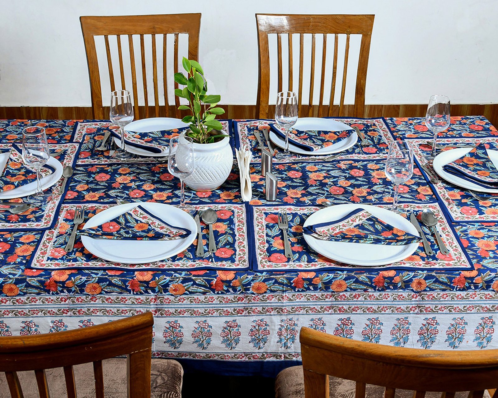 Elegant Floral Block Print Tablecloth – Indian Cotton, Handmade HG-5010 - Image 5