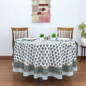 Hand Block Printed Cotton Round Table Cloth – Indian Floral Design HG-RTC-5002