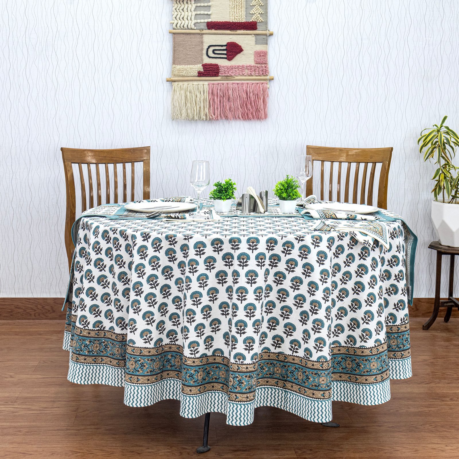 Hand Block Printed Cotton Round Table Cloth – Indian Floral Design HG-RTC-5002