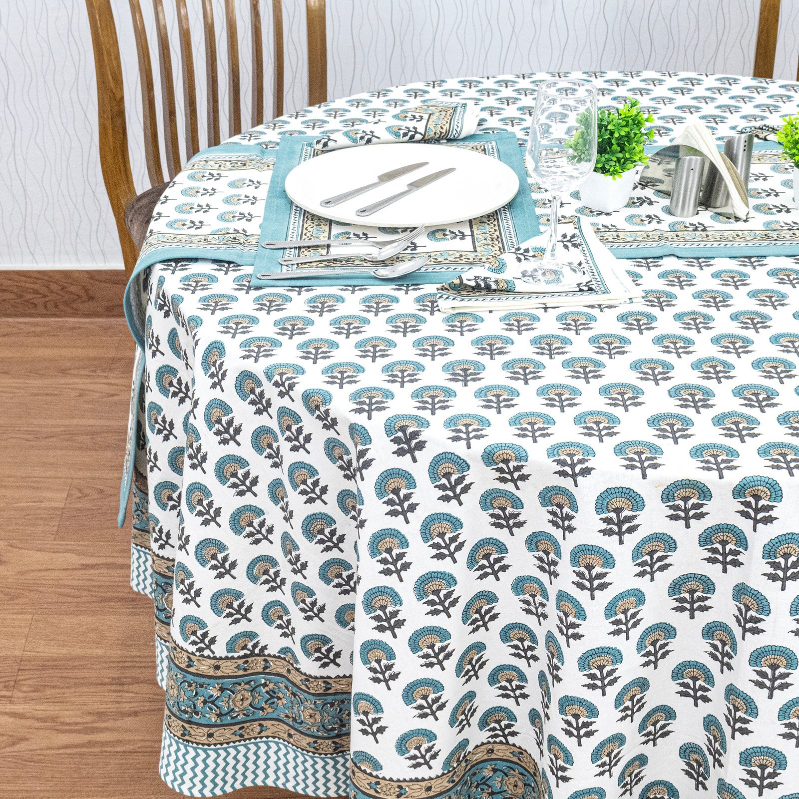 Hand Block Printed Cotton Round Table Cloth – Indian Floral Design HG-RTC-5002 - Image 2