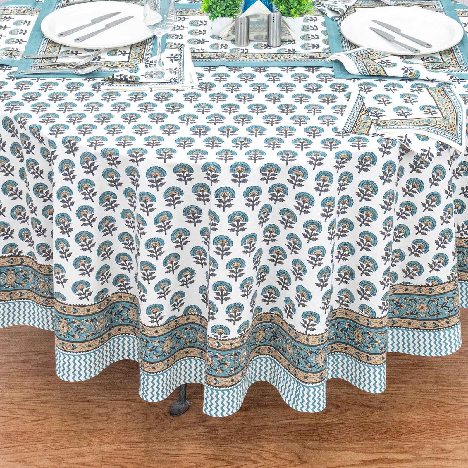 Hand Block Printed Cotton Round Table Cloth – Indian Floral Design HG-RTC-5002 - Image 5
